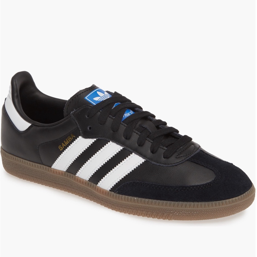 Black adidas sambas women’s 7.5/mens 6.5. Gender inclusive. Leather and suede.